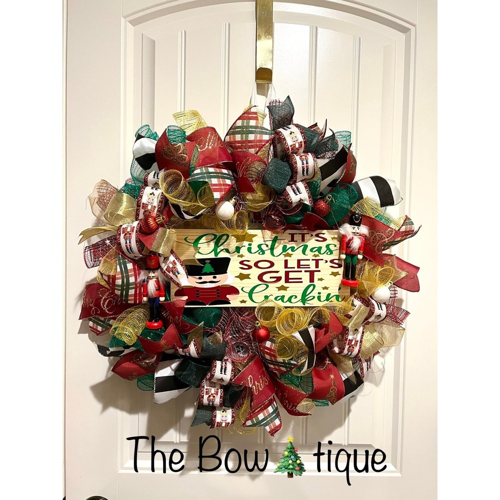 Christmas Nutcracker Holiday Ribbon Door Wreath Handmade 22 ins LED W4